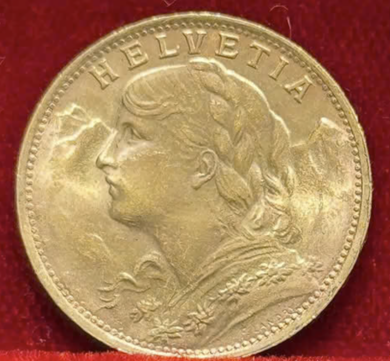 Schweizisk 20 franc guldmønt Helvetia