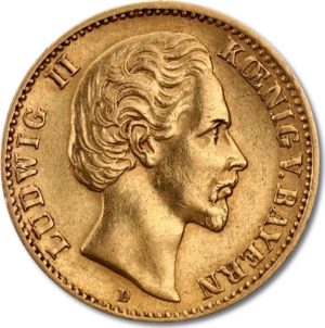 10 Tyske Mark Kong Ludwig II Bayern 1874-1886 Guldmønt